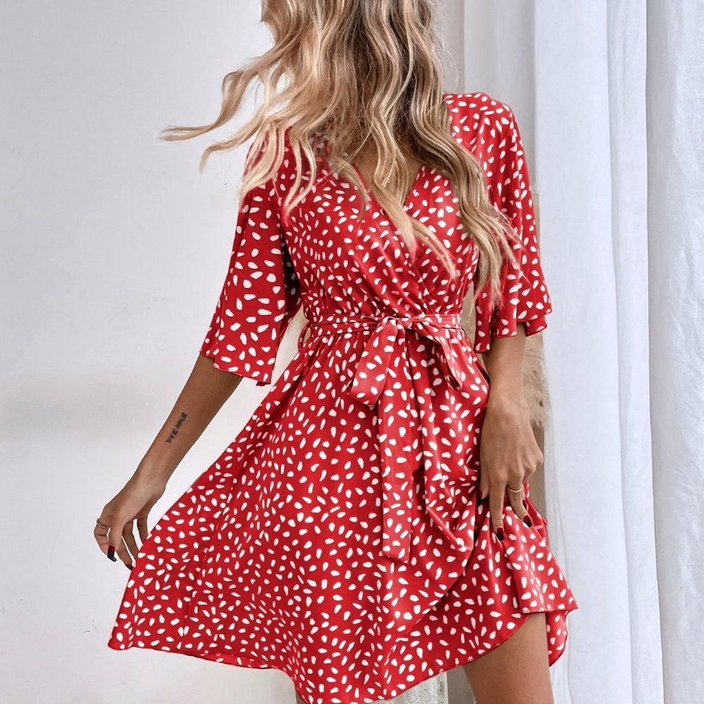 New Allover Print Butterfly Sleeve Belted Dress